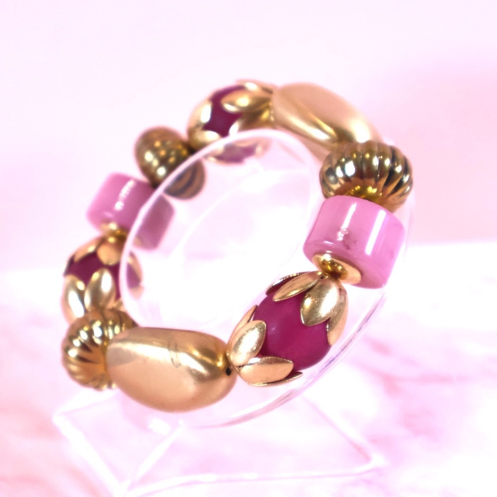 Vintage Stretch Bracelet Gold Tone Pink Magenta Beaded Chunky Retro 6.25 NOS NEW
